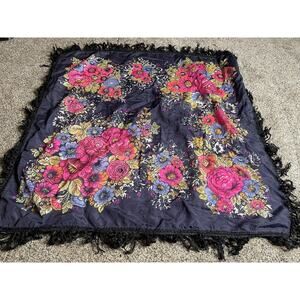 Vintage Bright Floral Neon Scarf Fringe Navy Blue Ukrainian Russian